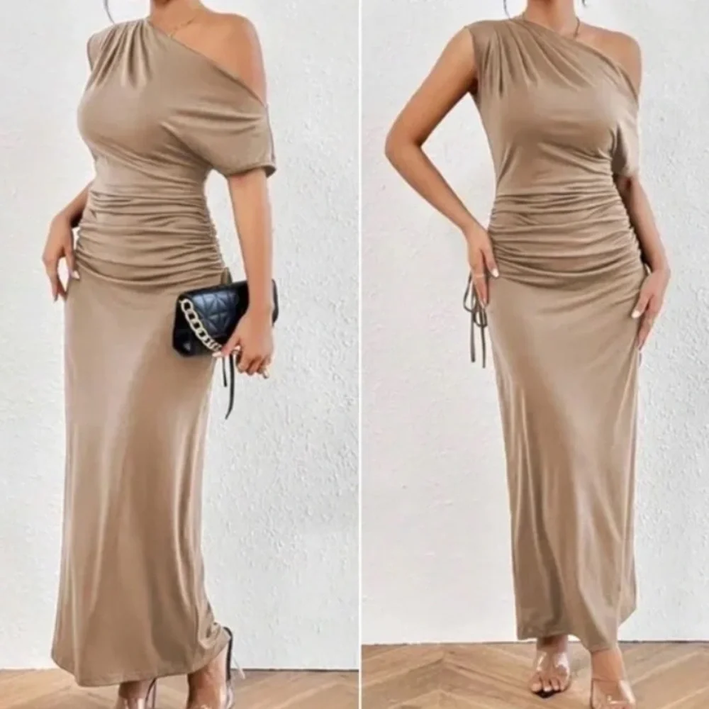 Luxe one shoulder ruched sides maxi dress